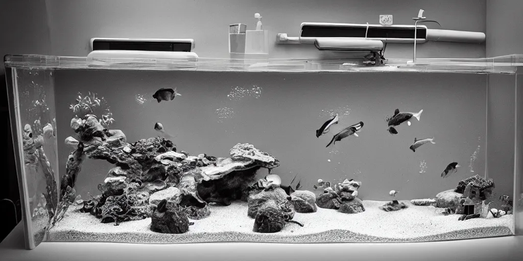 Prompt: fish tank in hospital waiting room. newt. plasticine models in water. gravel. siamese fighter fish. sand. stop motion. minimal. john craxton.