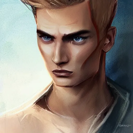 Image similar to a tall, lean man with light tan skin, blue eyes, and shoulder - length, slicked - back blonde hair combed down to the nape of his neck, long face with sunken cheeks and a well defined jawline, with vertical scars over his left eye, dressed casually, art by charlie bowater and artgerma