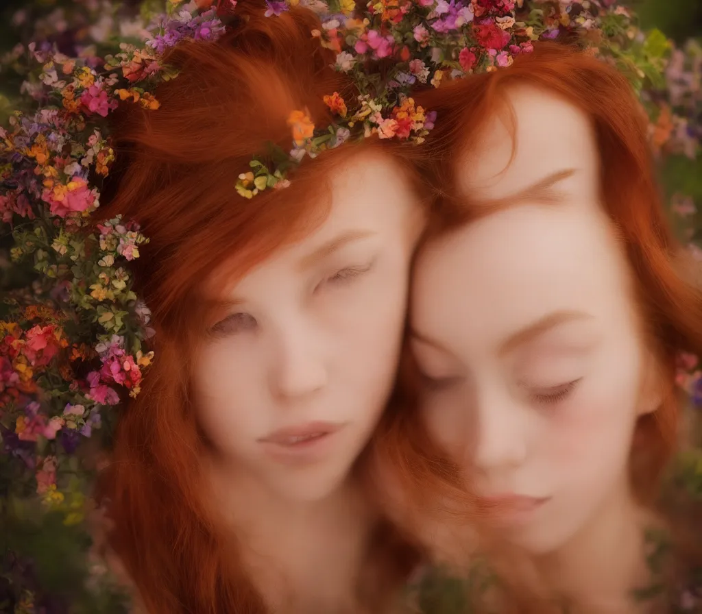 Image similar to Fine art photo of a beauty model, she is redhead, she is posing while maintain a sweet eye contact to the camera, she has a crown of flowers and she has flowers around her, the photo was taken at sunset; you can see a bokeh effect behind the model, the photo was taken by Annie Leibovitz, photorealistic, matte painting, hyper realistic, concept art, 4k, 8k, cinematic composition, cgsociety, HD, highly detailed, octane render, unreal engine 5, trending on artstation, shaders