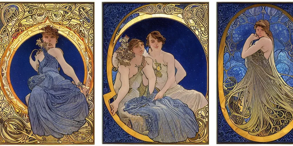 Prompt: the longest night, dark night with moon and candle and tattoos, by alphonse mucha and martha dahlig and irina french, ultramarine blue and gold, realistic faces, intricate stained glass triptych