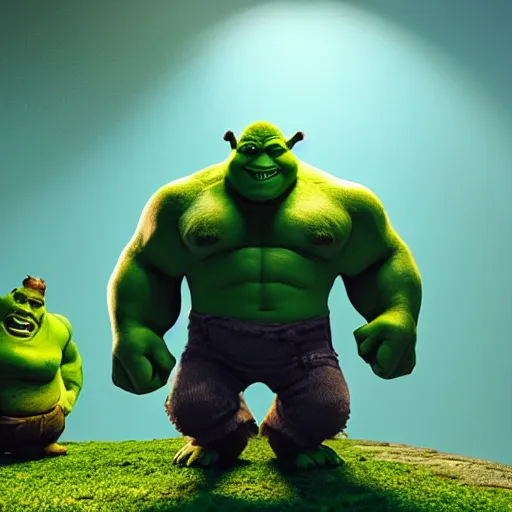 Prompt: shrek and the hulk are best friends, wide shot, dramatic lighting, octane render, hyperrealistic, HD