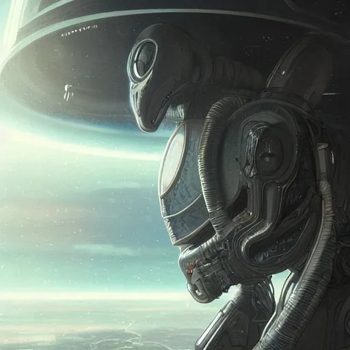 Prompt: An alien looking out of a window in space on a spaceship, illustrated by Greg Rutkowski, sci-fi art, photorealistic details, intricate details, 4k, 8k.