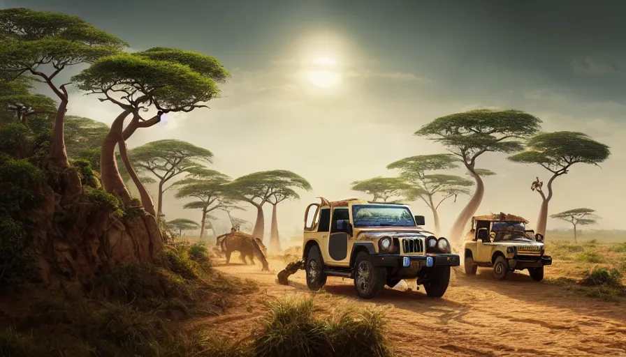 Image similar to mahindra thar driving through madagascar with baobabs trees, tribe members chasing for an attach, action scene, an epic fantasy, artgerm and greg rutkowski and alphonse mucha, an epic fantasy, volumetric light, detailed, establishing shot, an epic fantasy, cinematic, photorealistic, ultrarealistic, trending on art station, octane render, midsommar