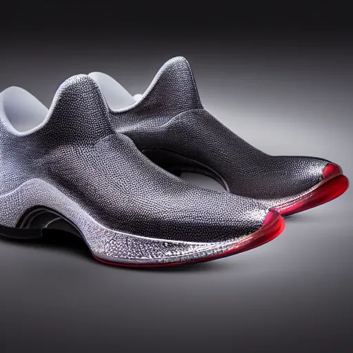 Image similar to product photography extremely detailed futuristic sports sneakers with a detailed foam sole, with holographic elements, 3 d model, hyperrealism, balenciaga style ultra rendered extreme realism and detail, 8 k, highly detailed, realistic, completely framed, pbr, hyper realistic, photorealistic, sharp focus,