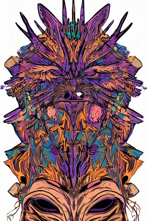 Image similar to animal mask totem roots flower tribal feather gemstone plant wood rock shaman vodoo video game vector cutout illustration vivid multicolor borderlands comics by josan gonzales and dan mumford radiating a glowing aura