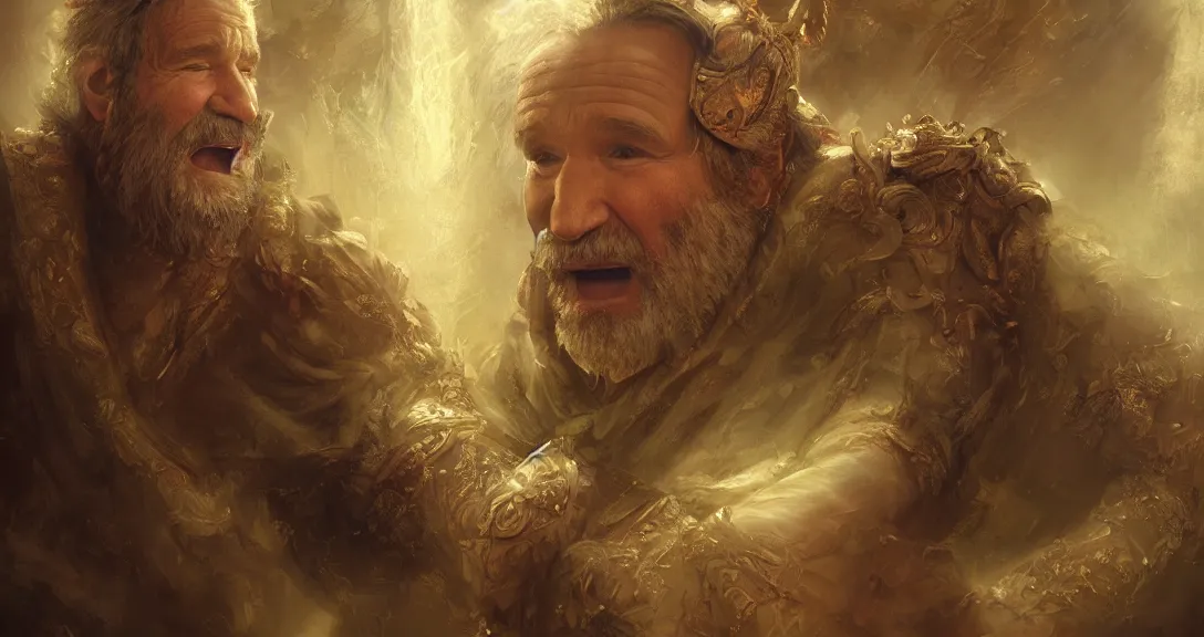 Image similar to robin williams as god, heavem, portrait, intricate, detailed, volumetric lighting, scenery, digital painting, highly detailed, artstation, sharp focus, illustration, concept art, ruan jia, steve mccurry