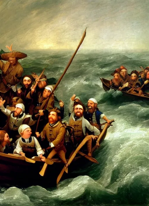 Image similar to minions crossing the delaware, oil painting by emanuel leutze, exact replica