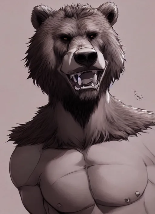 Prompt: award winning beautiful portrait commission art of a muscular male furry anthro grizzly bear fursona with a cute beautiful attractive detailed furry face wearing gym shorts and a tanktop. Character design by charlie bowater, ross tran, artgerm, and makoto shinkai, detailed, inked, western comic book art