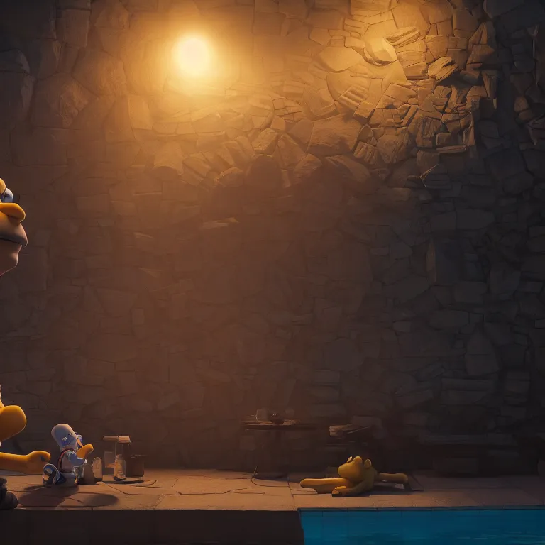 Prompt: a cinematic shot of homer simpson, octane render, volumetric lighting, nvidia raytracing demo, by Andy Thomas, Mario Martinez, Daniel Mirante, Gustave Dore, Artstation, CGsociety, masterpiece