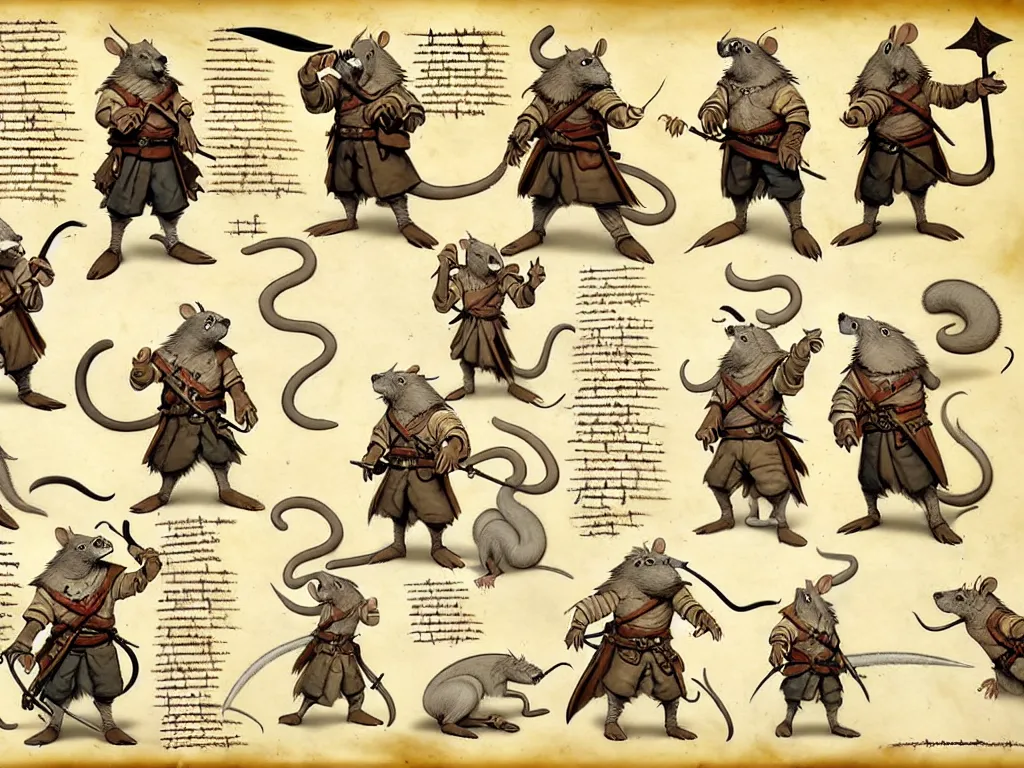 Image similar to character design sheet for a group of heroic rat pirates on a parchment background, redwall, greg rutowski and jean baptiste monge, very very detailed, epic fantasy concept art