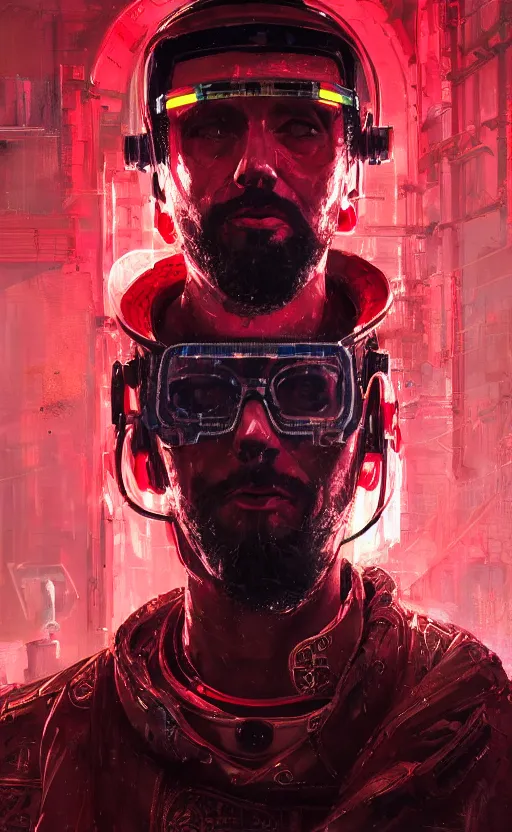Prompt: detailed portrait Marcus Aurelius, cyberpunk futuristic neon, reflective red coats, decorated with traditional Rome ornaments, burning city behind by Ismail inceoglu dragan bibin hans thoma greg rutkowski Alexandros Pyromallis Nekro Rene Maritte Illustrated, Perfect face, fine details, realistic shaded, fine-face, pretty face