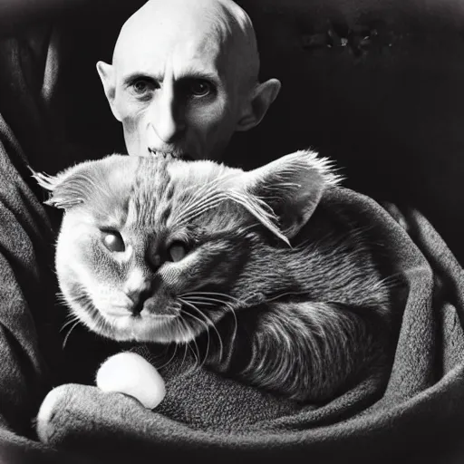 Image similar to count orlok cozy in bed, snuggling his kitty, very peaceful and relaxing photograph, black and white