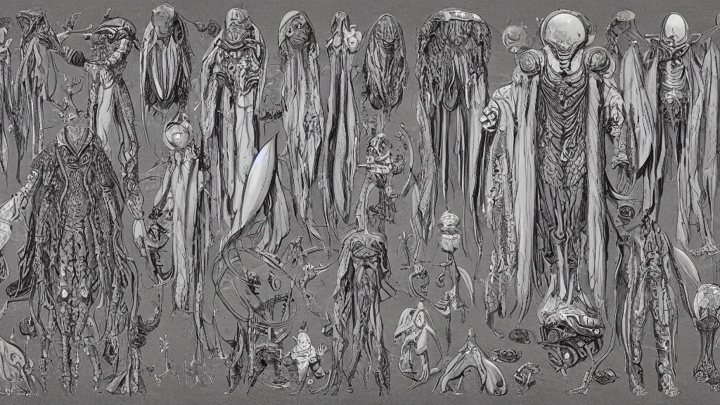 Image similar to character sheet for an extraterrestrial with large bulbous head, religious robes, retrofuture, ernst haeckel, fantastic planet, moebius, valerian, coherent, illustration, digital art, trending on artstation, hd, 8 k, good lighting, beautiful, rough paper, masterpiece