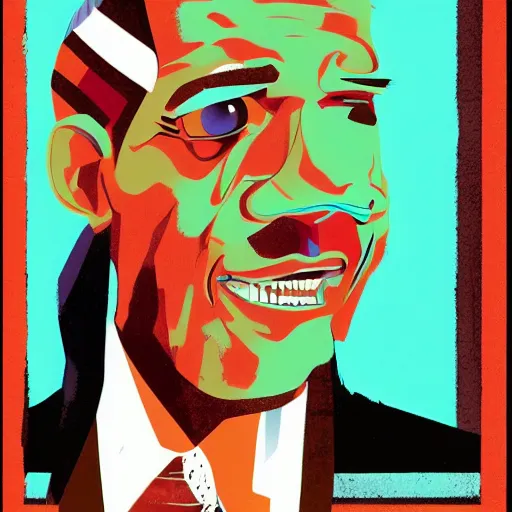 Image similar to Obama, graphic illustration by Jamie Hewlett, bold colors