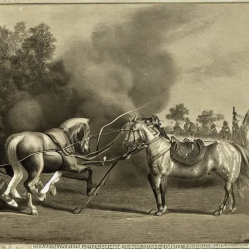 Prompt: a horse pulling a big canon behind his him. the canon is harnessed to the horse and towed