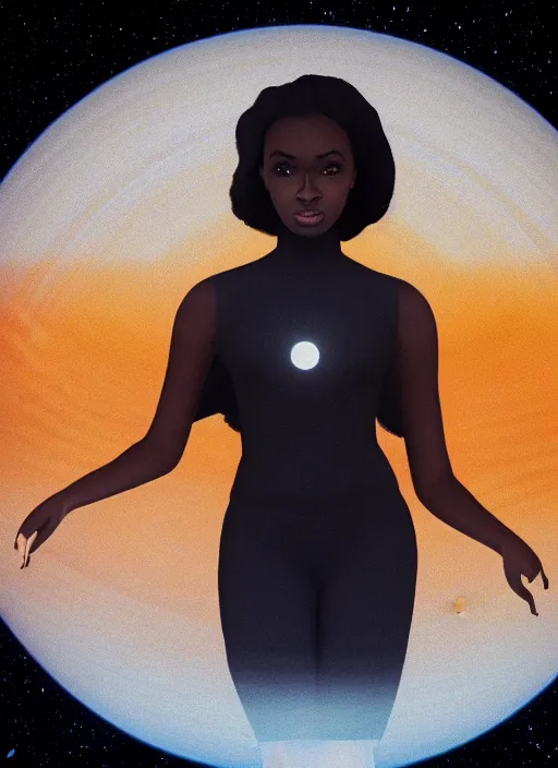 Prompt: symmetry!! a beautiful young black woman standing in front of saturn in space. cute - fine - face, pretty face, realistic shaded perfect face, dark, concept art, cinematic, dramatic, atmospheric, 8 k, trending on artstation, haze, low visibility, fog, christopher nolan, interstellar