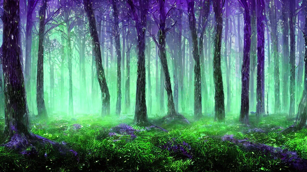 Prompt: portrait of an ethereal evergreen forest made of green and purple light with log cabin made of blue light, divine, cyberspace, mysterious, dark high-contrast concept art