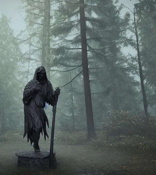 Prompt: weeping grim reaper statue in graveyard surrounded by beautiful forest, grainy film photo, cgsociety, octane render, trending on artstation, artstationHD, artstationHQ, unreal engine, 4k, 8k