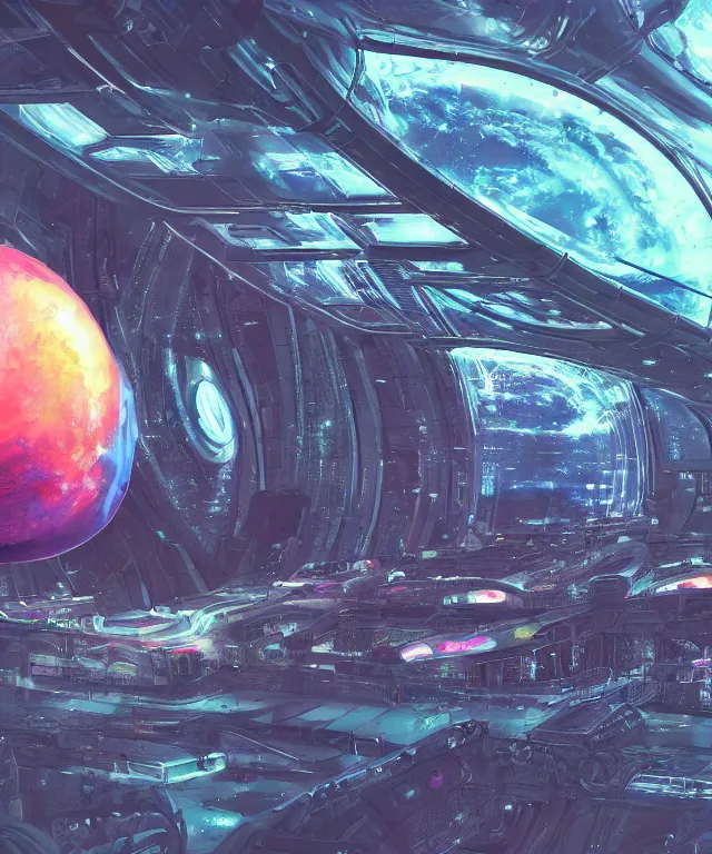 Prompt: a futuristic space colony, large bubble archaeologies, highly detailed, sci-fi, high-tech, neon lights, alien technology, trending on artstation, sharp lines, clear focus