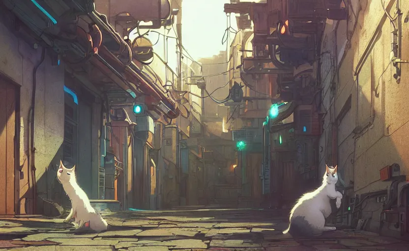 Prompt: low angle shot of a cat stretching in an alleyway in a space opera cyberpunk studio ghibli animated film, volumetric lighting, octane render by anime, stanley artgerm lau, greg rutkowski, thomas kindkade, alphonse mucha, loish, norman rockwel, highly detailed