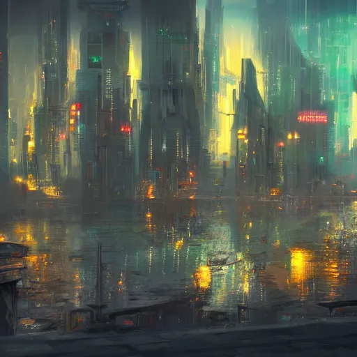 Prompt: concept art, high fantasy, cyberpunk, cityscape