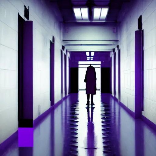 Prompt: long dark corridor with neon purple lights illuminating the reflective, tile floors, with a woman in a plain, white mask, and wielding a crowbar, standing at the end of the corridor. high quality, ultra detail, realistic, reflective, raytraced reflections, dark corridor, neon purple lights