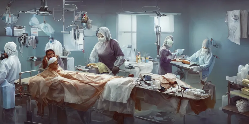 Image similar to an environmental concept art of a babushka surgeon in a cluttered surgery, surgical impliments, surgery table, highly detailed, cinematic, dramatic