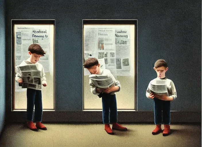 Image similar to a very boring day in school, kids wearing identical clothes reading newspapers, painting by quint buchholz and ray caesar, muted colors, gray, dull, boring, low energy, pale blue faces, very detailed