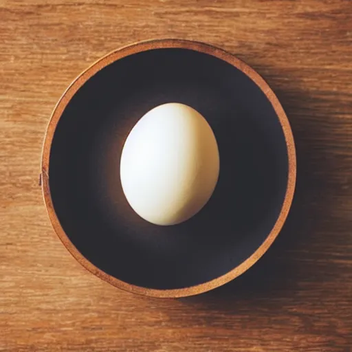 Image similar to a polaroid photograph of an egg, sitting on top a table with a burning candle. minimalistic, natural light, wood grain table top. swirling wood grain.