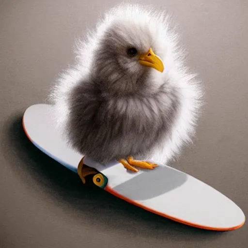 Prompt: fluffy chick on a skateboard, photorealistic