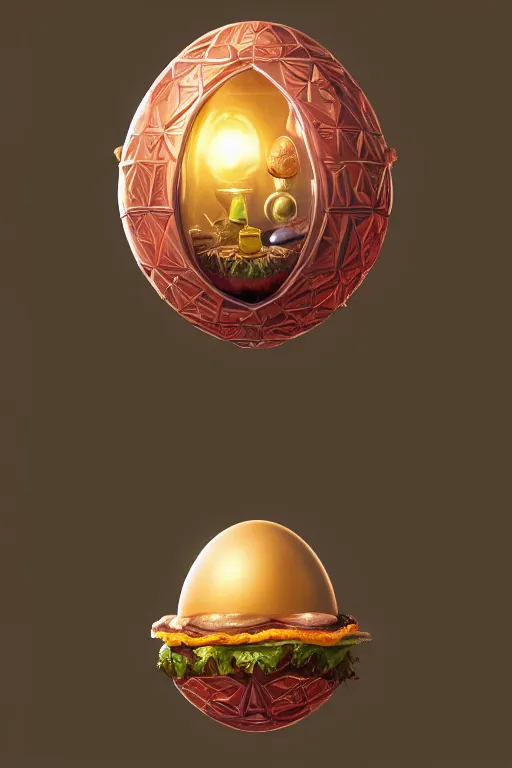 Image similar to a i hamburger in a faberge egg, anatomy, bathed in light, highly detailed, photorealistic, artstation, smooth, sharp focus, illustration, unreal engine 5, 8 k, art by artgerm and greg rutkowski and edgar maxence