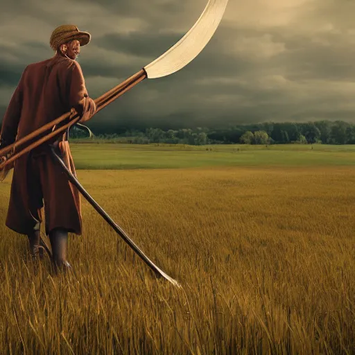 Image similar to full body, concept art, man with scythe, mowing of the hay, traditional hungarian clothing, dramatic lighting, beautiful, volumetric lighting, colorful, octane render