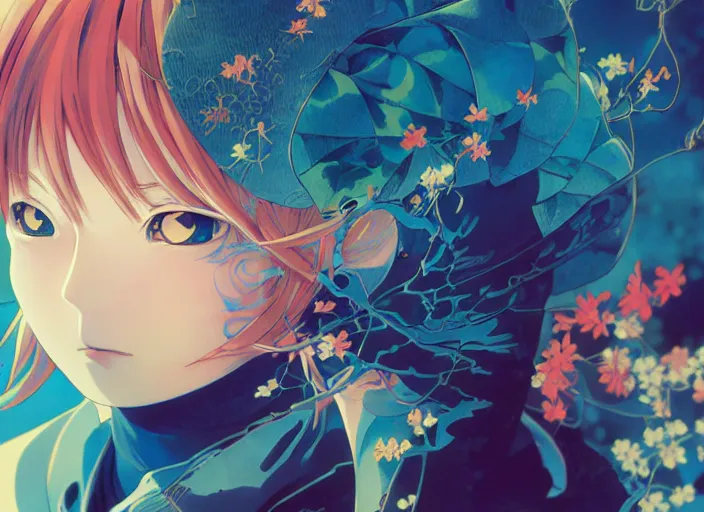 Image similar to yoh yoshinari editorial illustration colorful anime portrait of shiina ringo, murata range, blue submarine no 6, manga, fine texture, detailed, matte colors, perfect anime face, cinematic dramatic lighting, film grain, dynamic composition, moody, vivid, volumetric, alphonse mucha, fine stippled lighting, ilya kuvshinov