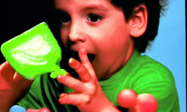 Image similar to kid playing with slime monster, realistic, toy commercial photo, photo from the 80s