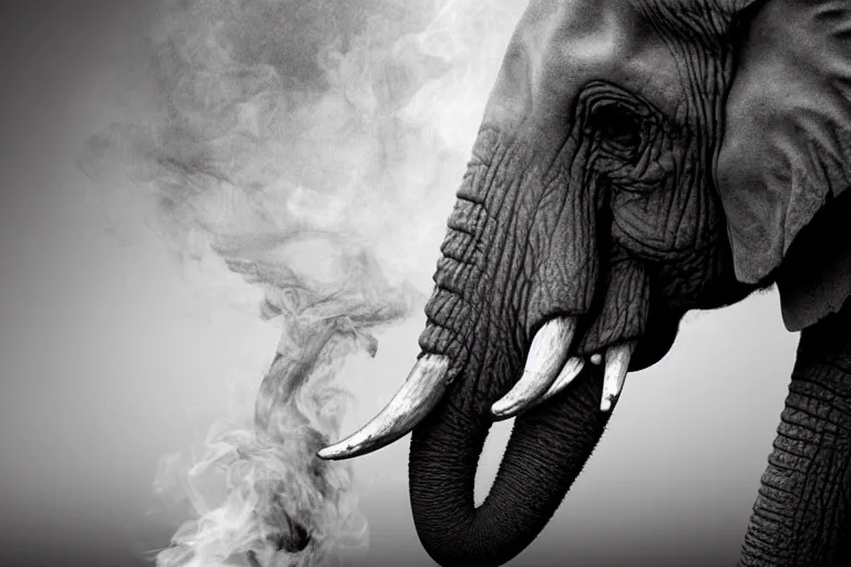 Prompt: ultra realistic photography, picture of ( subject : an elephant blowing smoke ). the scene is set in a gentlemens cigar lounge, a very smokey atmosphere, small thick clouds of cigar smoke, artstation, focus on the elephant, anatomically correct elephant features, extremely detailed and crisply sharp photo, hyperrealistic smoke, figma, sigma, 4 k