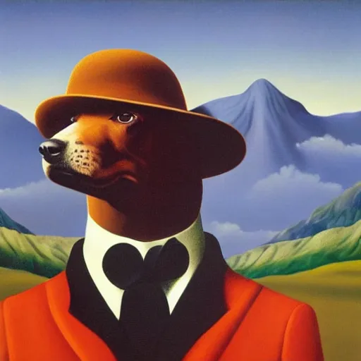 Image similar to a rene magritte painting of a dog wearing a hat, mountains in the background, award winning painting, detailed, surreal, symmetrical, clean, smooth, aesthetic