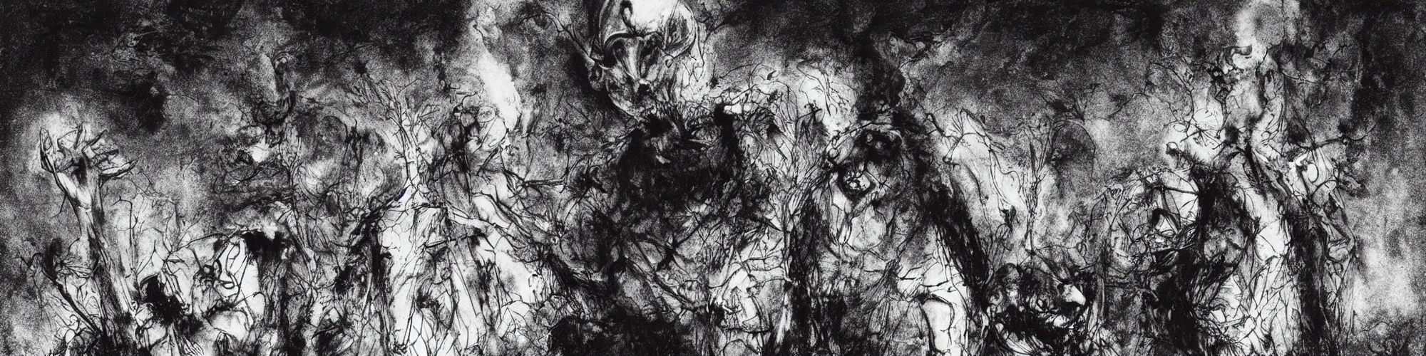 Image similar to dawn of creation ; first atom ; beings of darkness ; ethereal plane. extremely dark image. complete blackness. black and gray low - contrast image. illustrated by maurice sendak and stephen gammell and junji ito and dr seuss and tsutomu nihei