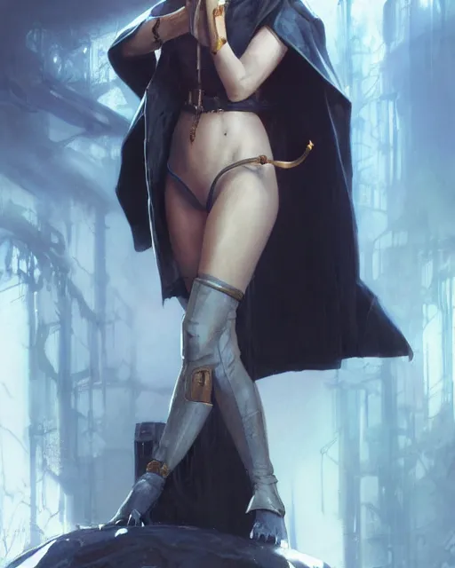 Image similar to beautiful fantasy character portrait, natalie portman, wearing oversized black trench coat, ultra realistic, wide angle, dramatic lighting, vultures, cyberpunk artifacts, highly detailed by peter mohrbacher, hajime sorayama, wayne barlowe, boris vallejo, aaron horkey, gaston bussiere, craig mullins