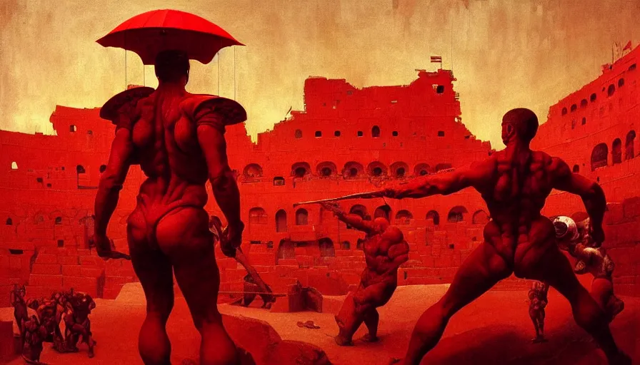 Image similar to only with red, a lightly armored gladiator in a crowded roman amphitheatre, crowd cheering, in the style of beksinski and edward hopper and rodcenko and yue minjun and cory loftis, intricate and epic composition, red by caravaggio, highly detailed, masterpiece, red light, artstation, art nouveau