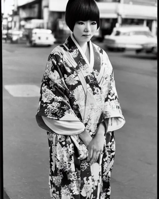 Image similar to photo of a trendy japanese woman with bangs in 1966, wearing a loose kimono, artistic, street scene, waist length