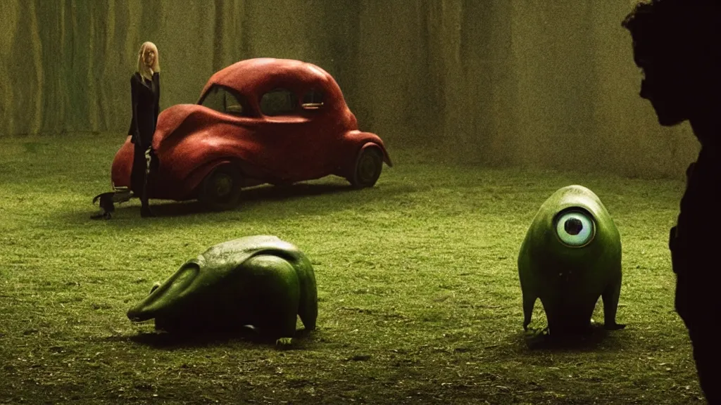 Image similar to the strange creature waits by the car, made of Chlorophyll and blood, film still from the movie directed by Denis Villeneuve with art direction by Salvador Dalí, wide lens