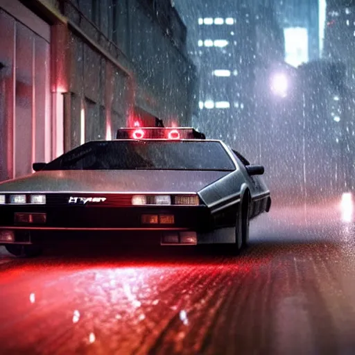 Image similar to hyperdetailed, photorealistic photograph of a dmc 1 2 delorean driving in the streets, rain, night, dense fog, hd, unreal engine 5