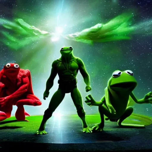 Prompt: the avengers battle kermit the frog in space, galaxy, hd, explosions, gunfire, lasers, giant, epic, showdown, colorful, realistic photo, unreal engine, stars, prophecy, epic oil painting, powerful, diffused lighting, destroyed planet, debris, justice league, action movie poster