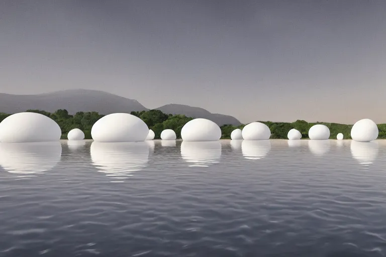 Image similar to white egg shaped bubble buildings of different sizes intersect and combine together. on the calm lake surface, people's perspective, future, interior wood, marble, award winning, highly detailed 4 k art, dusk, unreal engine highly rendered, global illumination, radial light, internal environment by kazuyo sejima