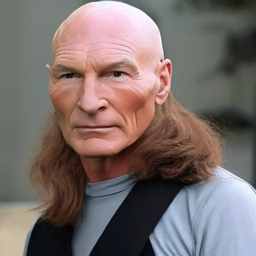 Prompt: captain picard with shoulder length wavy hair, long hair, hair stylist photo