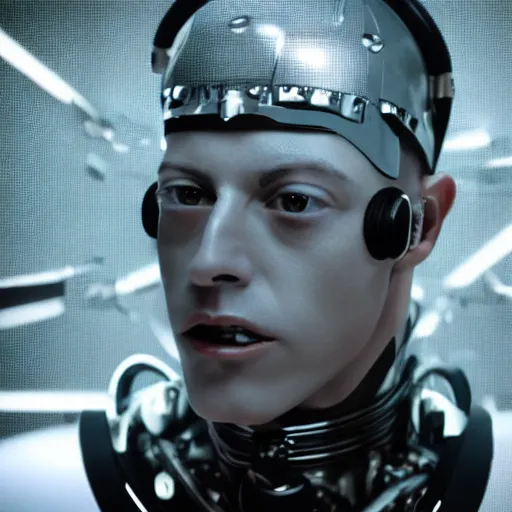 Image similar to a cinematic film still of rapper lil skies as a cybernetic cyborg, cgi, surrealism, film photography