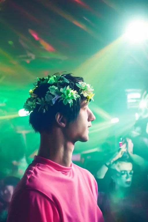 Image similar to agfa vista 4 0 0 photograph of a skinny guy in a rave club, futuristic, synth vibe, vaporwave colors, lens flare, flower crown, back view, moody lighting, moody vibe, telephoto, 9 0 s vibe, blurry background, grain, tranquil, calm, faded!,