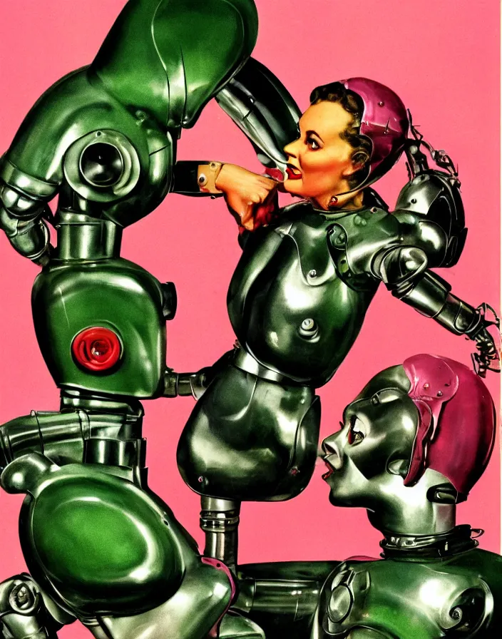 Prompt: a female housewife!!!! being hugged by a metal - suited!!! robot!!!!, 1 9 5 0 s horror film movie poster style, ( norman rockwell oil painting ), close - up, tight shot, retro science fiction, vintage, saturated pink and green lighting, shadowy lighting, cohesive!!, photogenic!!