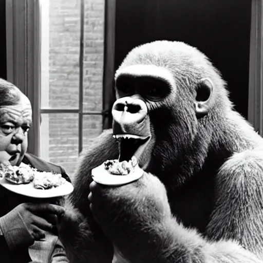 Prompt: alfred hitchcock and king kong eating pizza