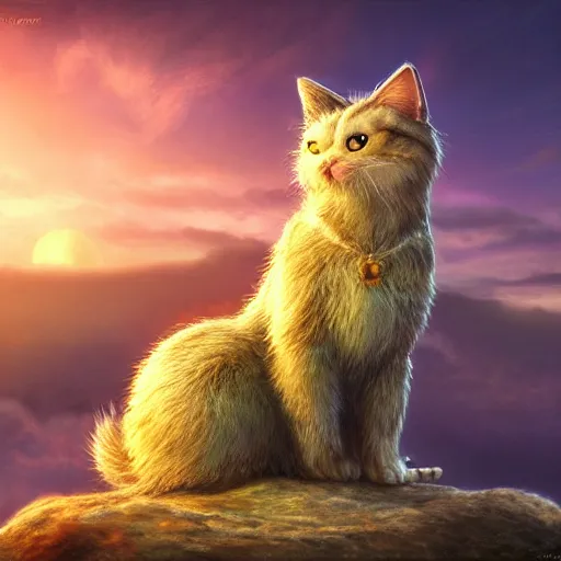 Image similar to fantasy cat looking at sunset, high detail, fantasy art, concept art, 4 k, ultra detail, computer art